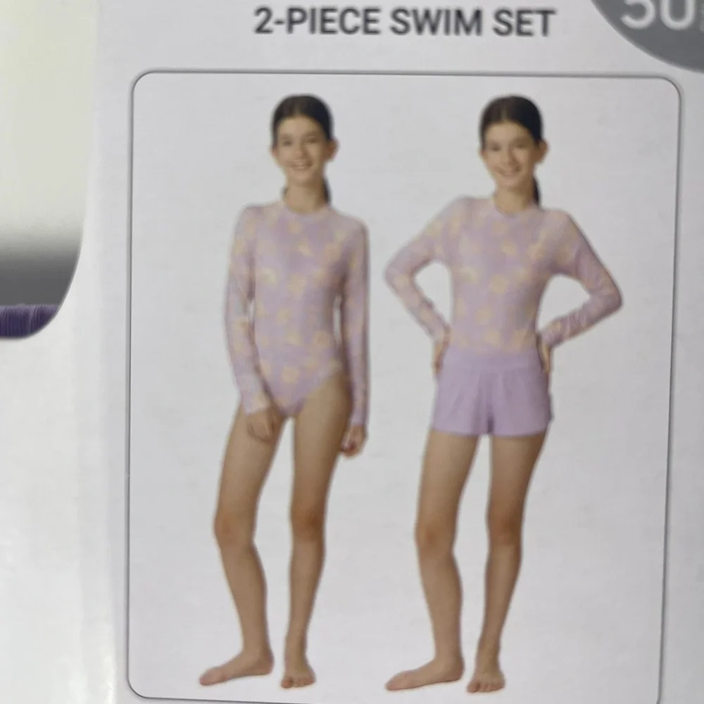 Billabong Girls Purple Floral 2-Piece Swim Set Rash Guard Bodysuit Shorts 14/16